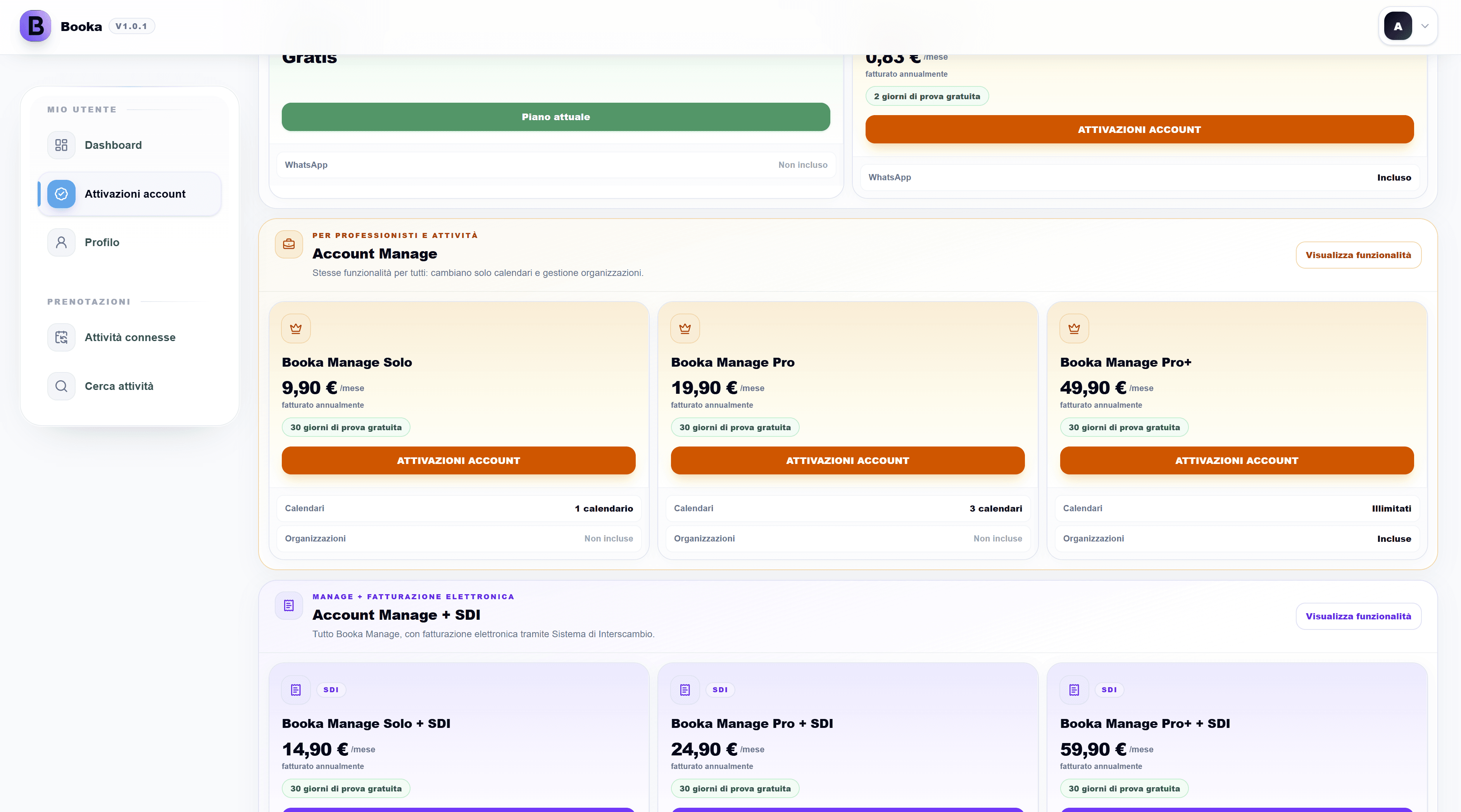Attivazioni account: confronto Manage Solo, Pro e Pro+ e famiglia Manage + SDI