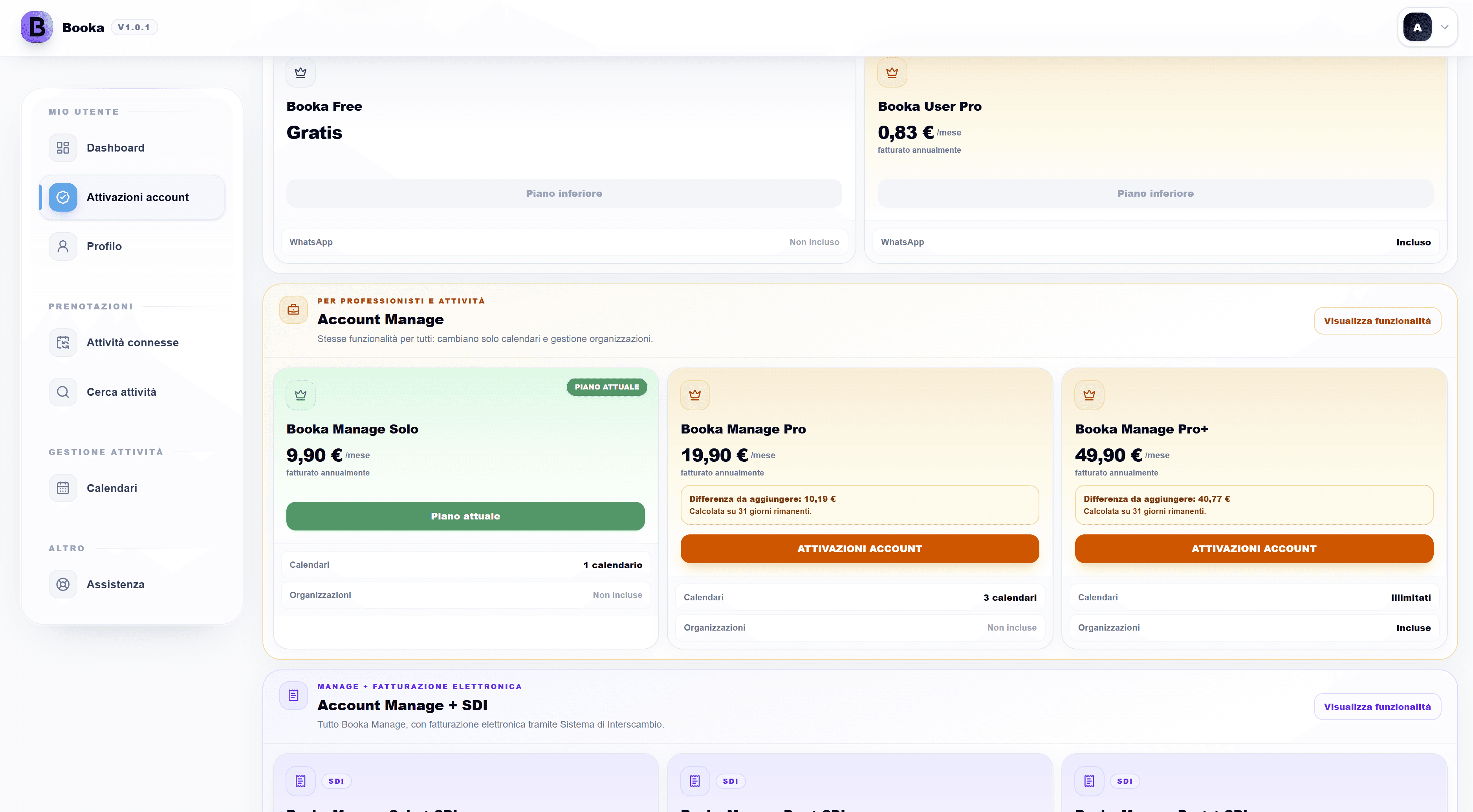 Piano Manage Solo attivo e nuova sezione Gestione attività nel menu laterale