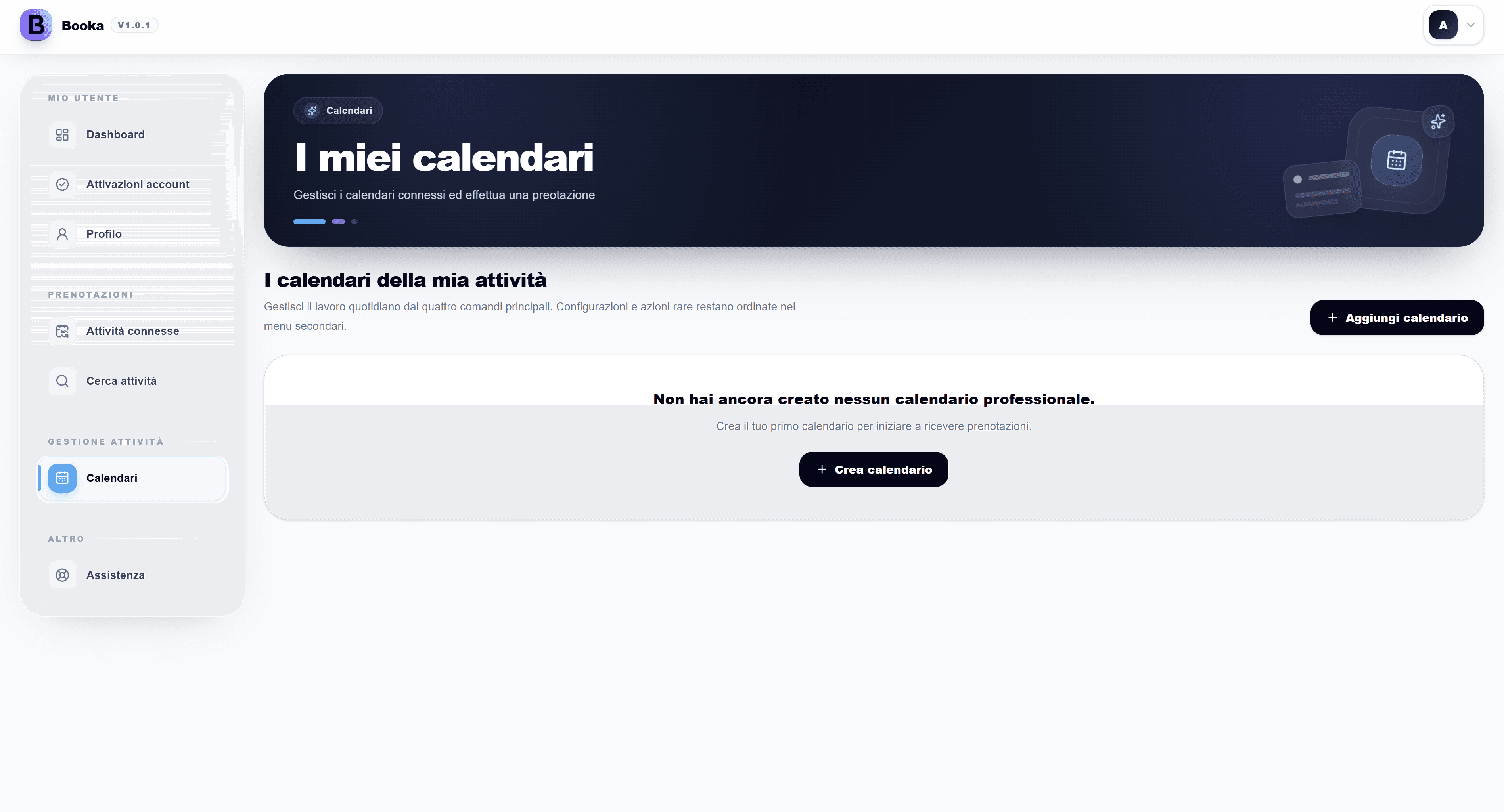 Pagina I miei calendari vuota con pulsanti Aggiungi calendario e Crea calendario