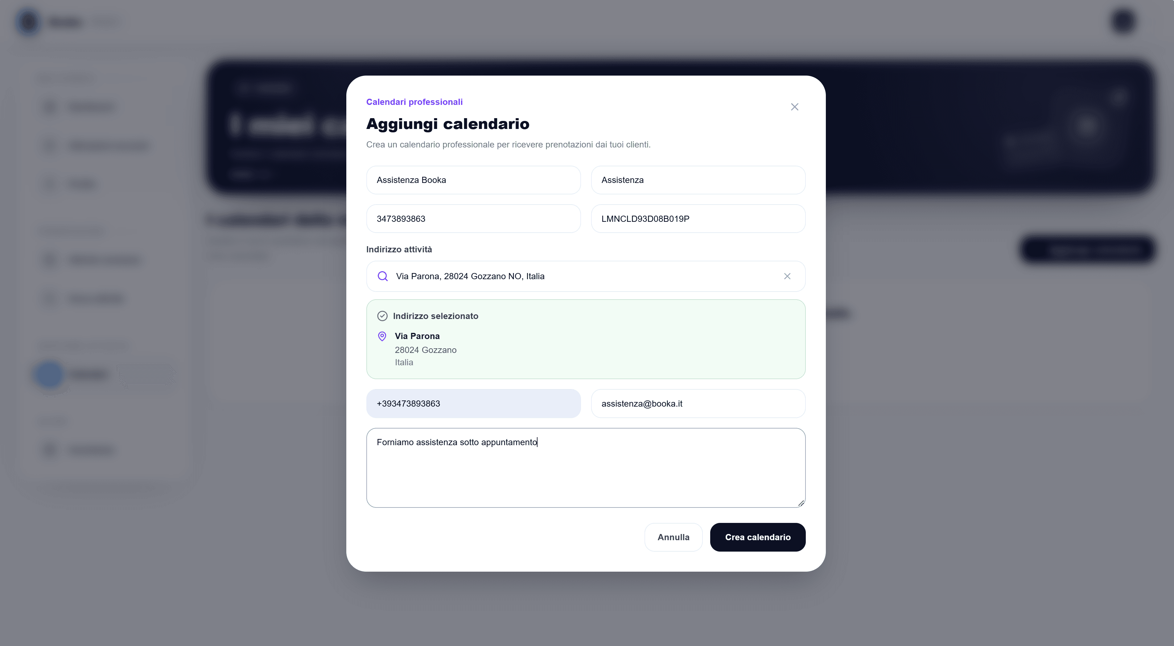 Modulo Aggiungi calendario con dati attività, indirizzo selezionato, contatti e descrizione