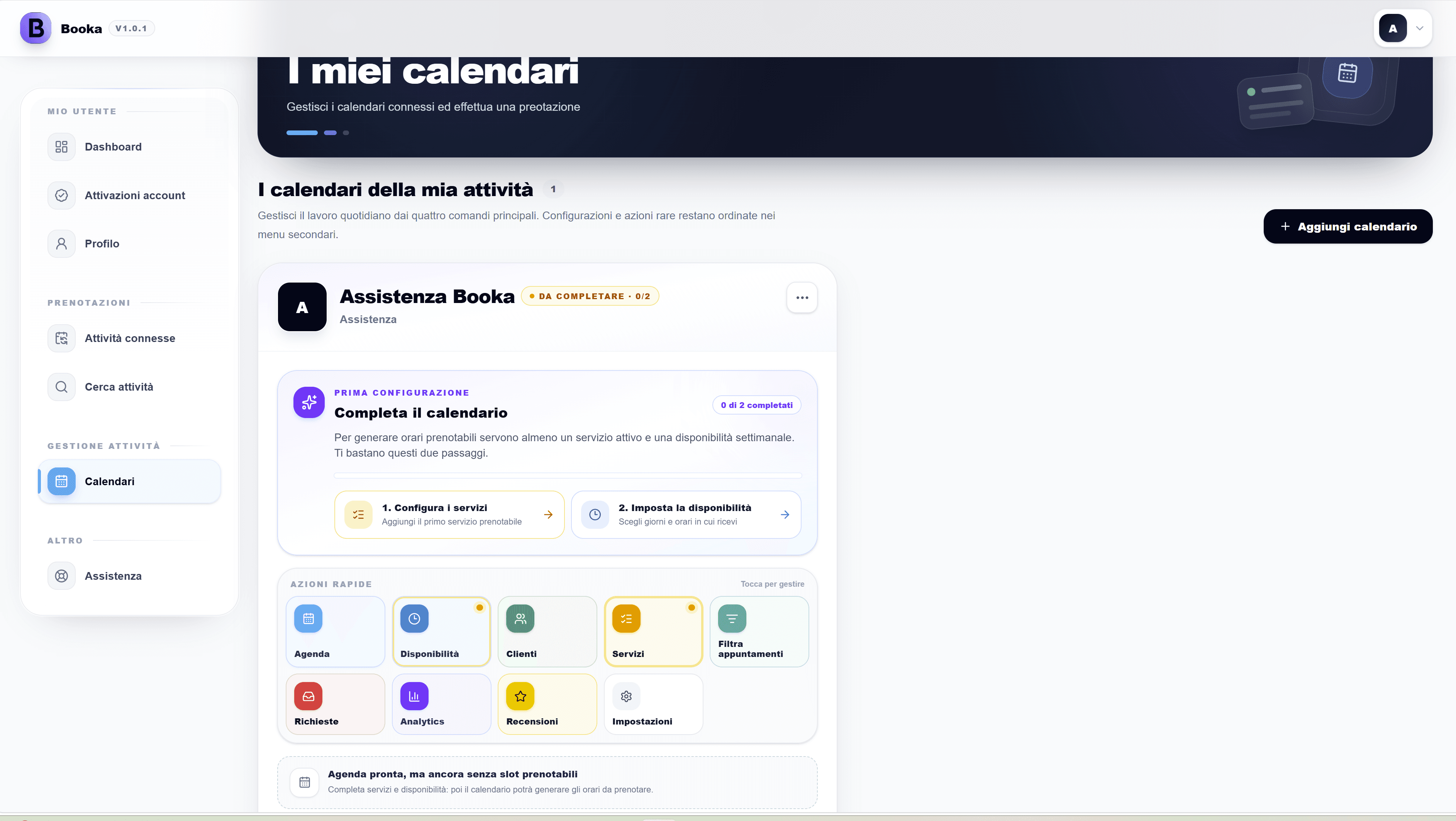 Scheda calendario da completare: configura i servizi e imposta la disponibilità, 0 di 2 completati