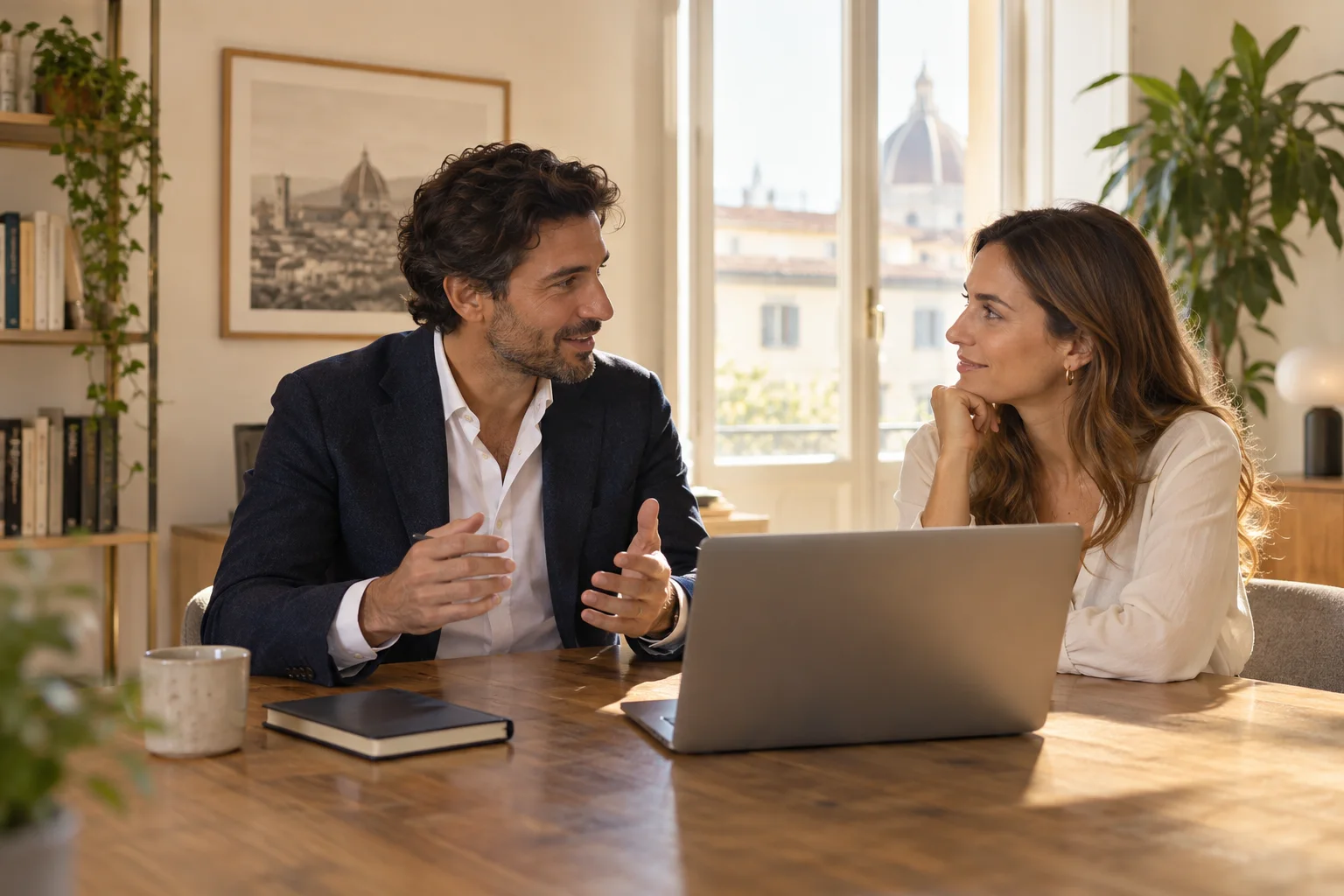 Un consulente e una cliente discutono un progetto in uno studio professionale