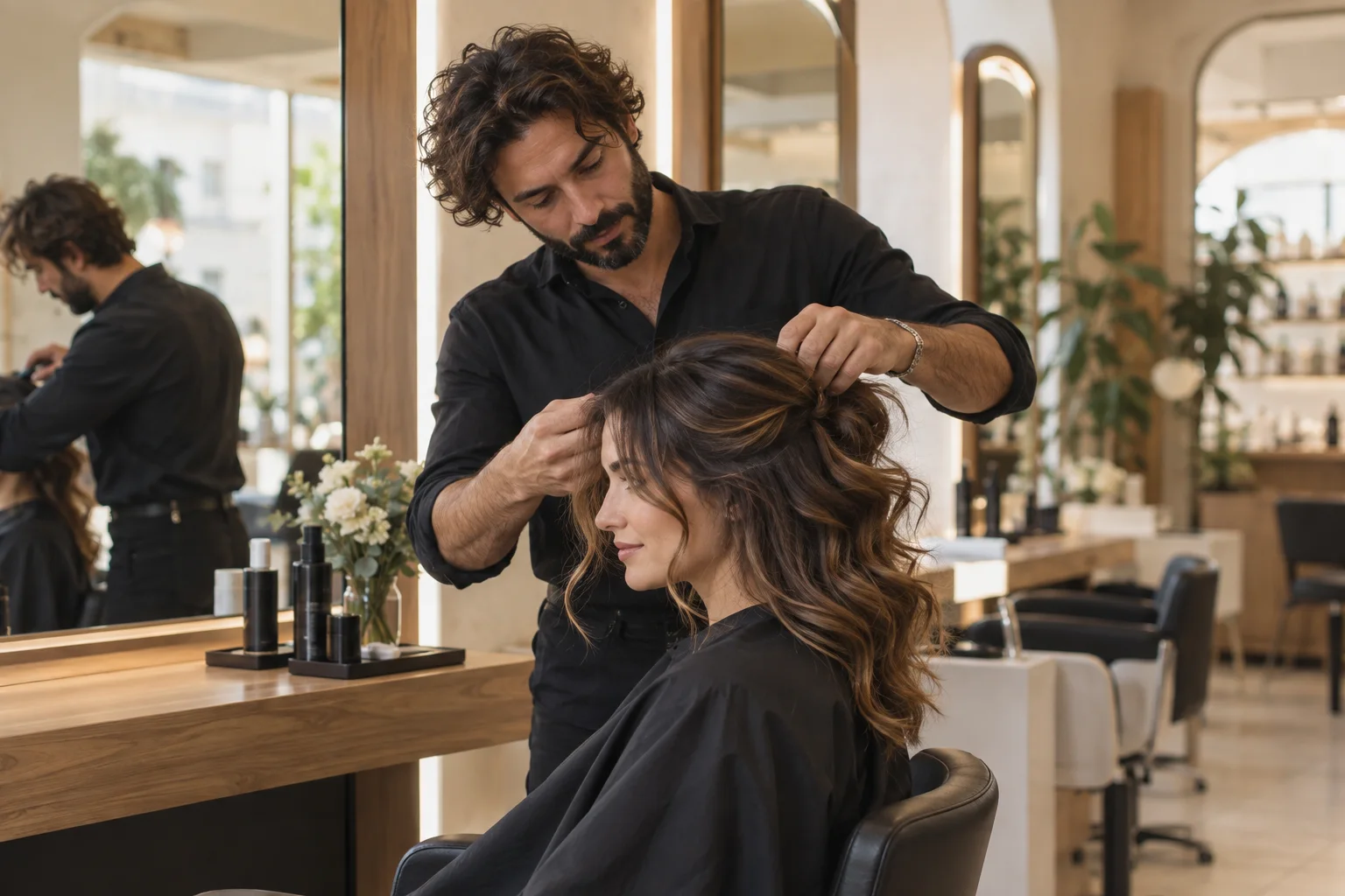 Un parrucchiere lavora con una cliente in un salone contemporaneo