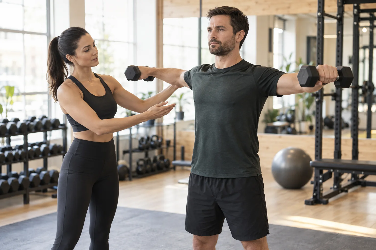 Una personal trainer segue un cliente durante un allenamento individuale